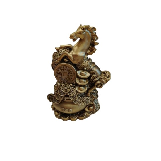 Statuetă Feng Shui: Calul Biruinței pe Munte de Bogăție (Monede și Pepite)