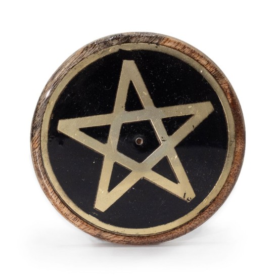 Suport pentru Bețișoare Parfumate - Auriu și Negru pe Lemn de Mango - Pentagrama